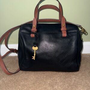 Fossil Black Leather Handbag with Brown Straps